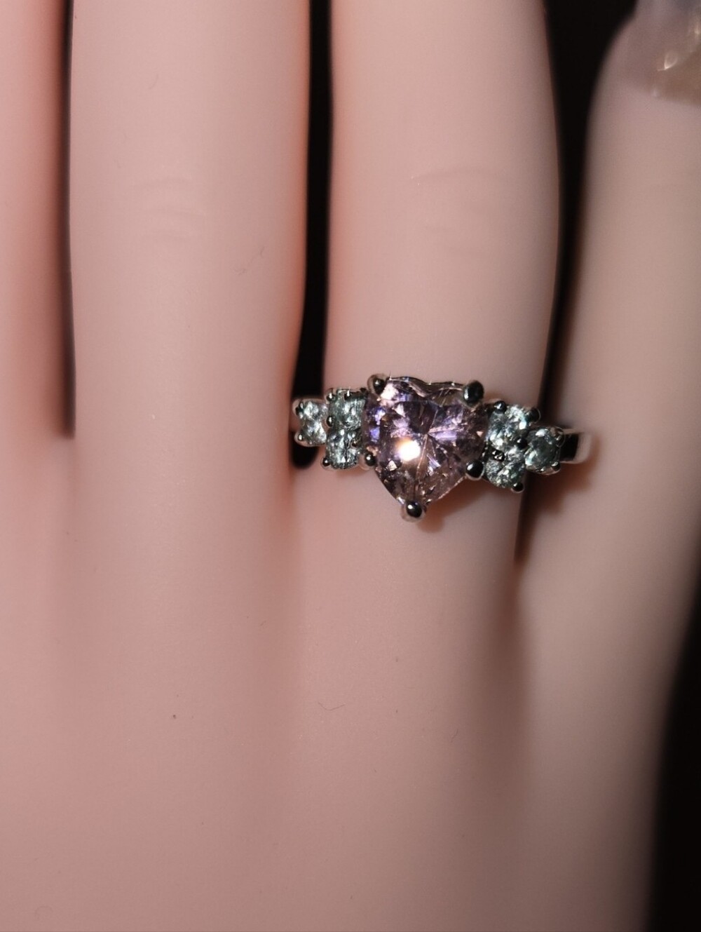 Silver Ring Size 7 With Pink Heart Stone And "Diamonds"